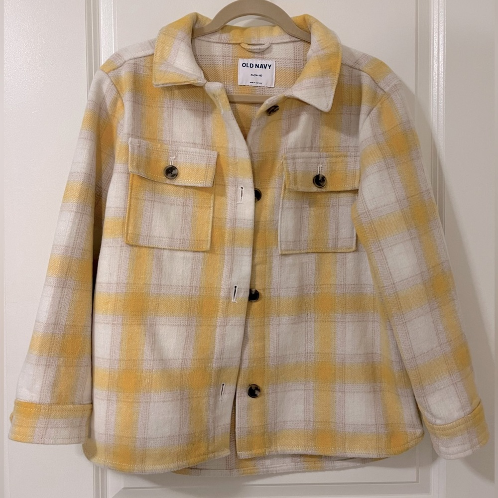 Oversized Soft-Brushed Plaid Tunic Shacket in yellow and cream. Girls 14-16